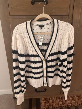 Express white and black Striped V-Neck Cardigan with Gold Buttons